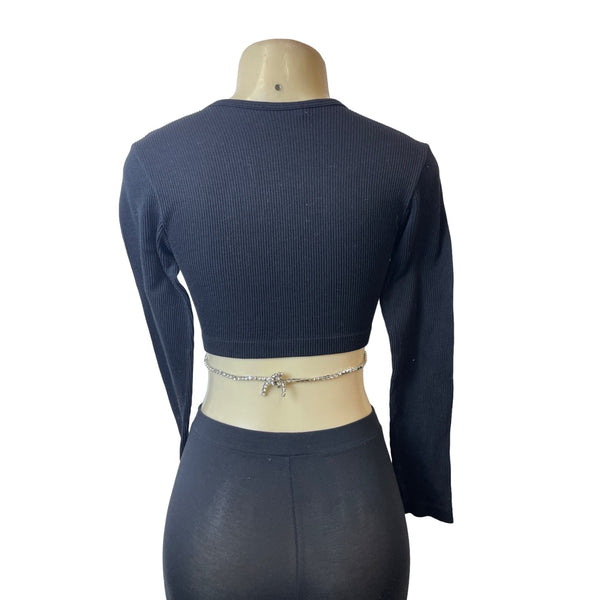 Zara Black Long Sleeve Wrap Crop Top W Rhinestone Chain Detail Sz M