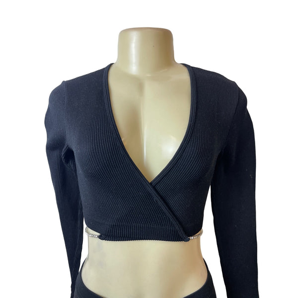 Zara Black Long Sleeve Wrap Crop Top W Rhinestone Chain Detail Sz M