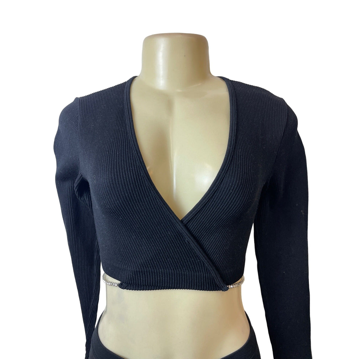Zara Black Long Sleeve Wrap Crop Top W Rhinestone Chain Detail Sz M
