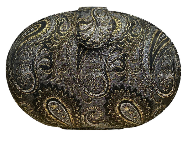 Whiting & Davis Black & Gold Paisley Oval Evening Clutch Purse With Snap Closure