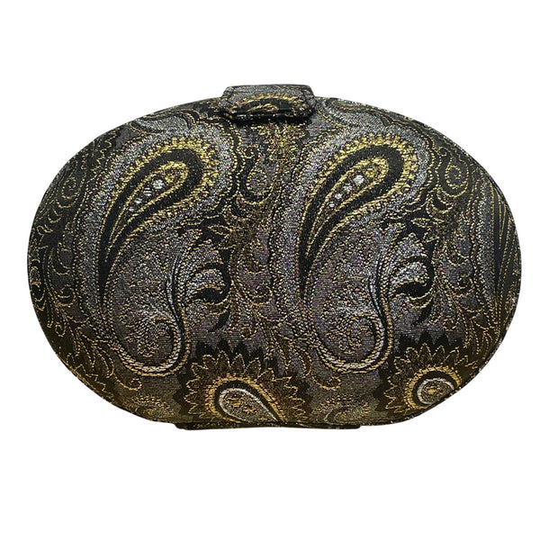Whiting & Davis Black & Gold Paisley Oval Evening Clutch Purse With Snap Closure
