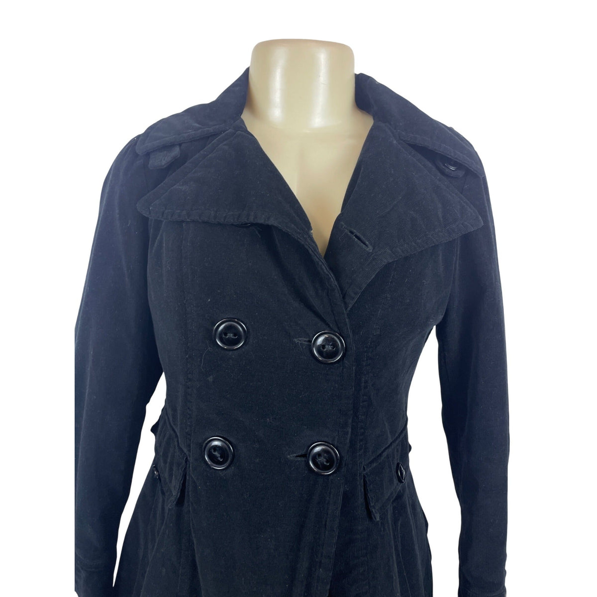 Sugarfly Womens Black Corduroy Double-Breasted Peacoat Jacket
