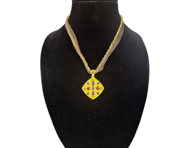 18K Gold Over Sterling Smoky Quartz Diamond Necklace Pendant Women’s Vintage Style