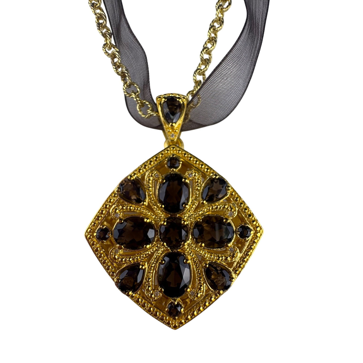 18K Gold Over Sterling Smoky Quartz Diamond Necklace Pendant Women’s Vintage Style