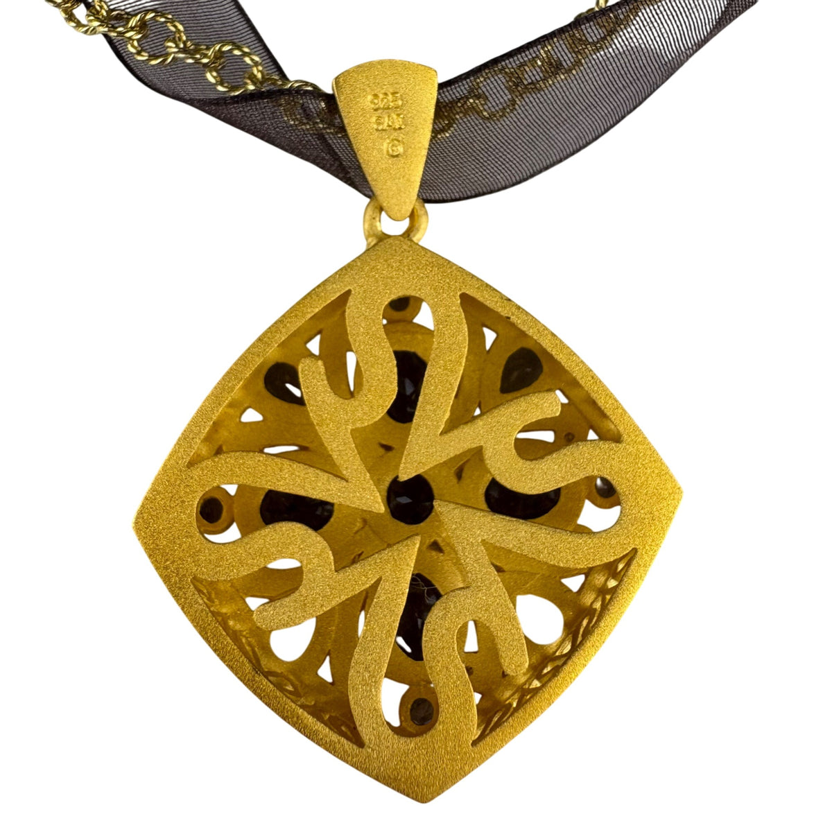 18K Gold Over Sterling Smoky Quartz Diamond Necklace Pendant Women’s Vintage Style