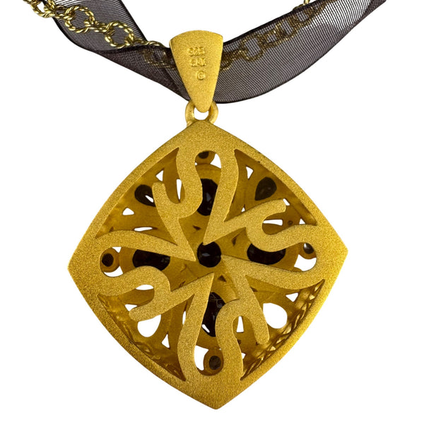 18K Gold Over Sterling Smoky Quartz Diamond Necklace Pendant Women’s Vintage Style