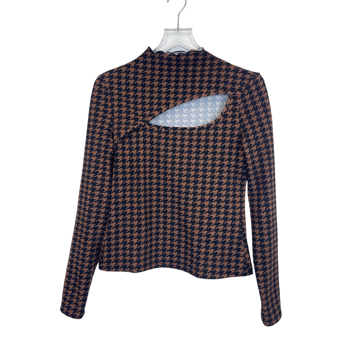 SheinSXY Womens Brown & Black Houndstooth Cutout Long Sleeve Top Size Large