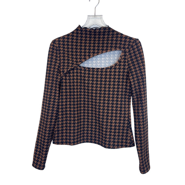 SheinSXY Womens Brown & Black Houndstooth Cutout Long Sleeve Top Size Large