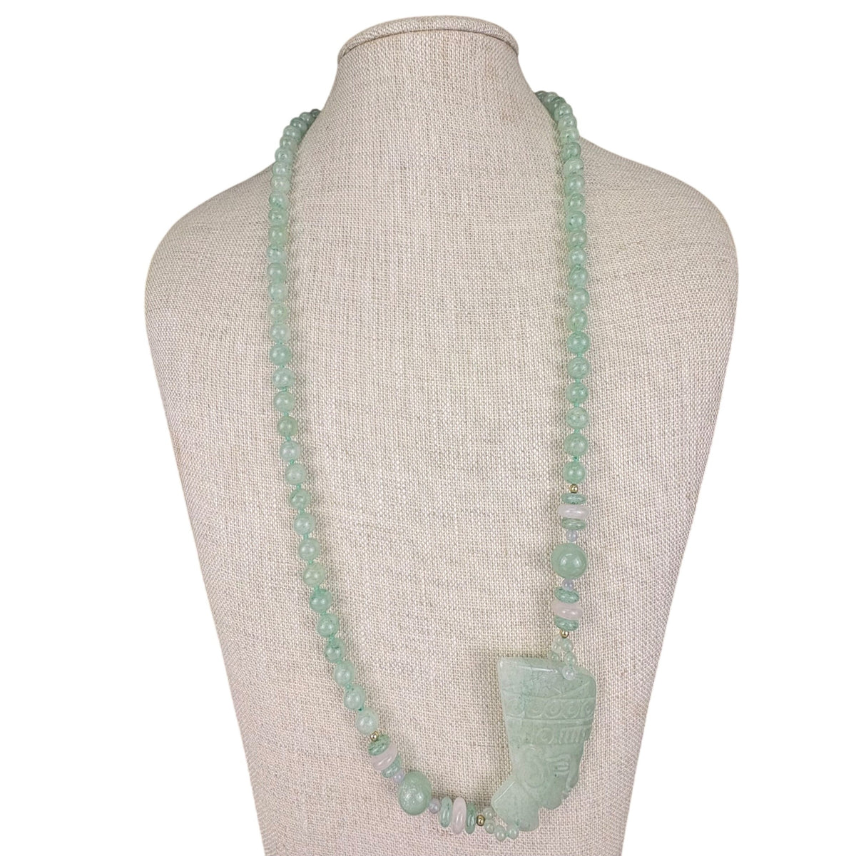 Vintage Handcrafted Green Jade Beaded Necklace Carved Egyptian Style Pendant