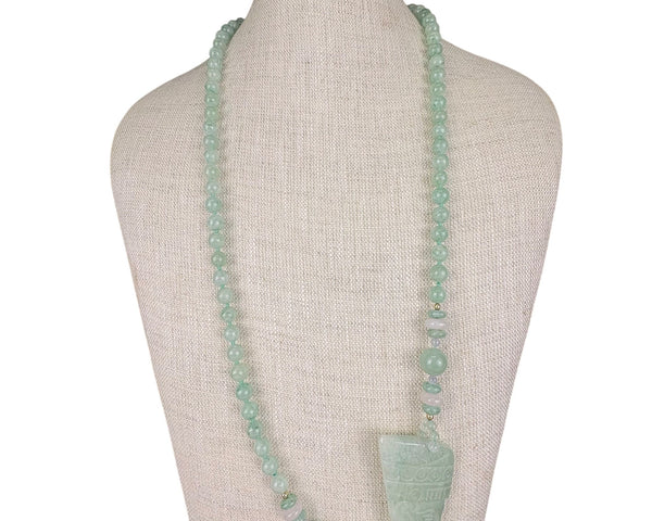 Vintage Handcrafted Green Jade Beaded Necklace Carved Egyptian Style Pendant