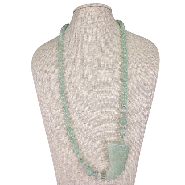 Vintage Handcrafted Green Jade Beaded Necklace Carved Egyptian Style Pendant