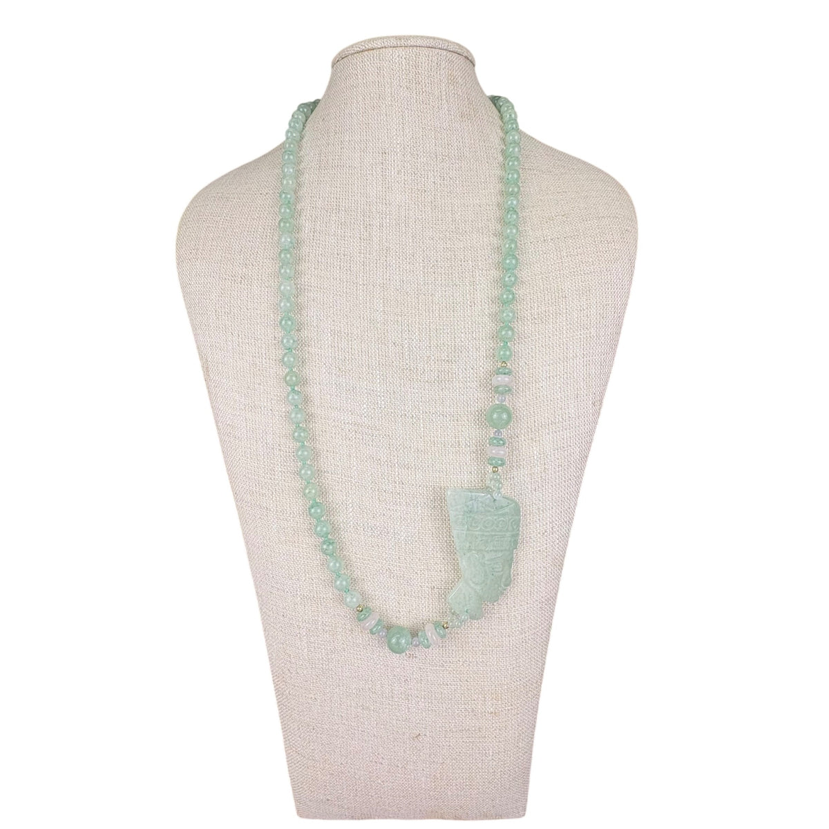 Vintage Handcrafted Green Jade Beaded Necklace Carved Egyptian Style Pendant