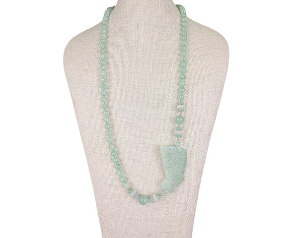 Vintage Handcrafted Green Jade Beaded Necklace Carved Egyptian Style Pendant