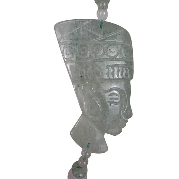 Vintage Handcrafted Green Jade Beaded Necklace Carved Egyptian Style Pendant