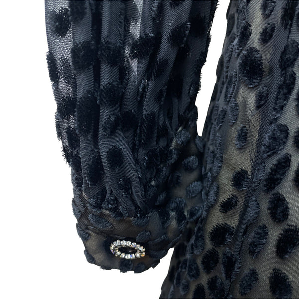 Vintage Mort Schrader Long Sleeve Black Polka Dot Dress With Rhinestone Neckline