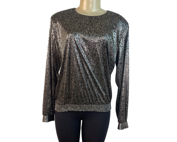 D.K. Gold Womens Black Long Sleeve Printed Blouse With Smocked Hem Size M