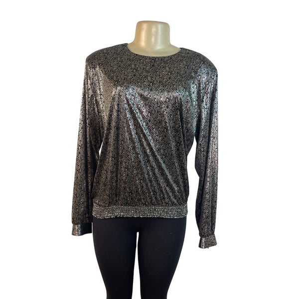 D.K. Gold Womens Black Long Sleeve Printed Blouse With Smocked Hem Size M
