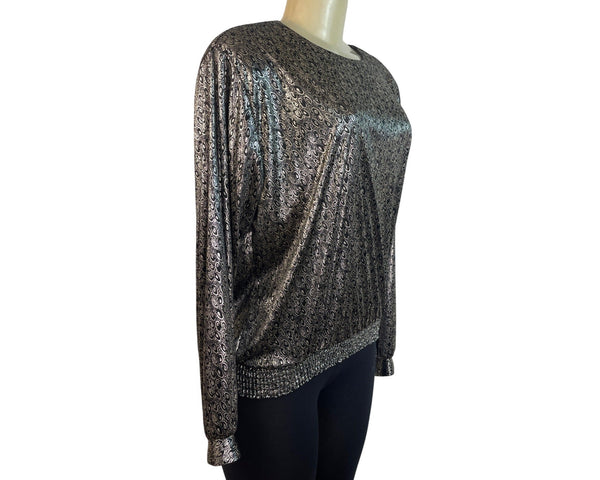 D.K. Gold Womens Black Long Sleeve Printed Blouse With Smocked Hem Size M