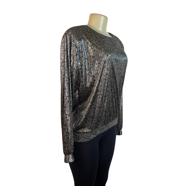 D.K. Gold Womens Black Long Sleeve Printed Blouse With Smocked Hem Size M