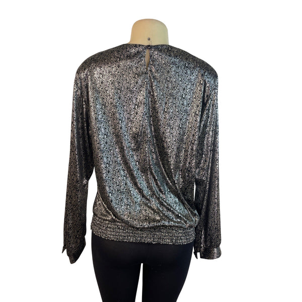 D.K. Gold Womens Black Long Sleeve Printed Blouse With Smocked Hem Size M