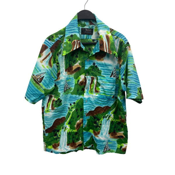 Vintage Van Cort Hawaiian Shirt L 16-16 1/2 Tropical Waterfall Print Short Sleeve 100% Polyester Made In Korea