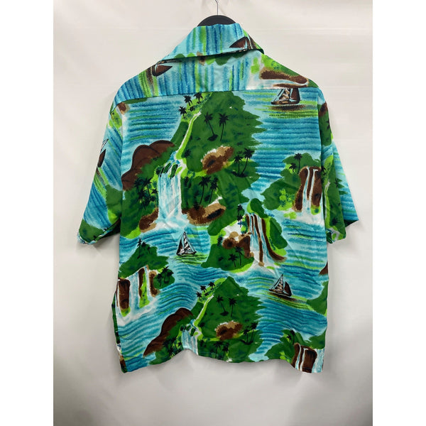 Vintage Van Cort Hawaiian Shirt L 16-16 1/2 Tropical Waterfall Print Short Sleeve 100% Polyester Made In Korea