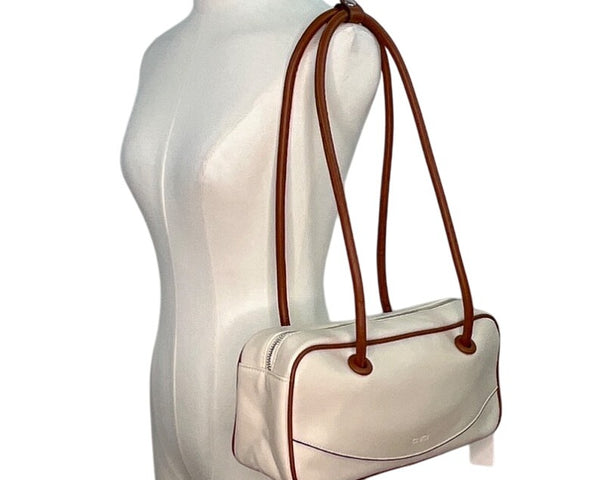 Cluci White & Brown Long Straps & Zipper Closure Shoulder Tote Bag Sz M