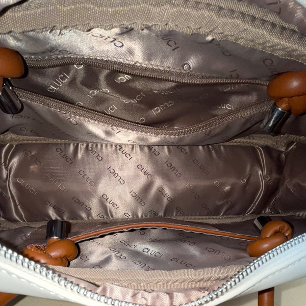 Cluci White & Brown Long Straps & Zipper Closure Shoulder Tote Bag Sz M