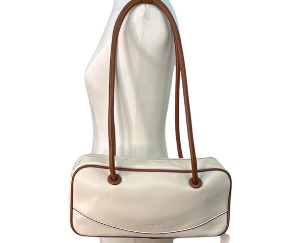 Cluci White & Brown Long Straps & Zipper Closure Shoulder Tote Bag Sz M