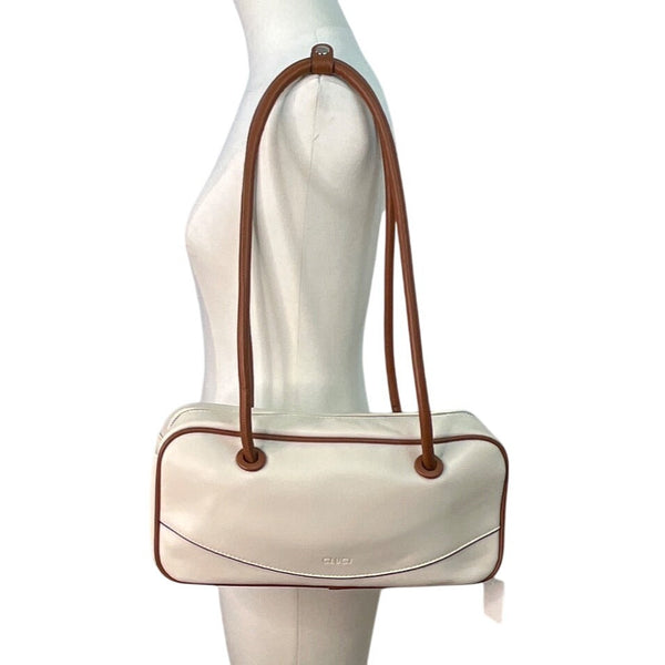 Cluci White & Brown Long Straps & Zipper Closure Shoulder Tote Bag Sz M