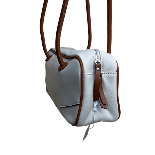 Cluci White & Brown Long Straps & Zipper Closure Shoulder Tote Bag Sz M