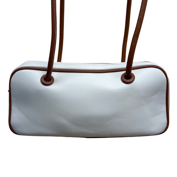 Cluci White & Brown Long Straps & Zipper Closure Shoulder Tote Bag Sz M