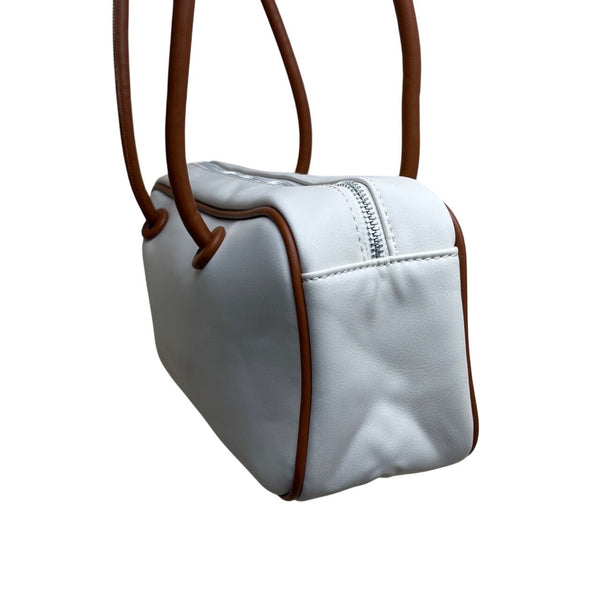 Cluci White & Brown Long Straps & Zipper Closure Shoulder Tote Bag Sz M