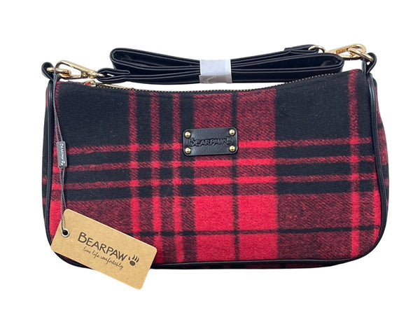 Bearpaw Red Multi Plaid Black Leather Accents Shoulder Evening Clutch Sz M - New