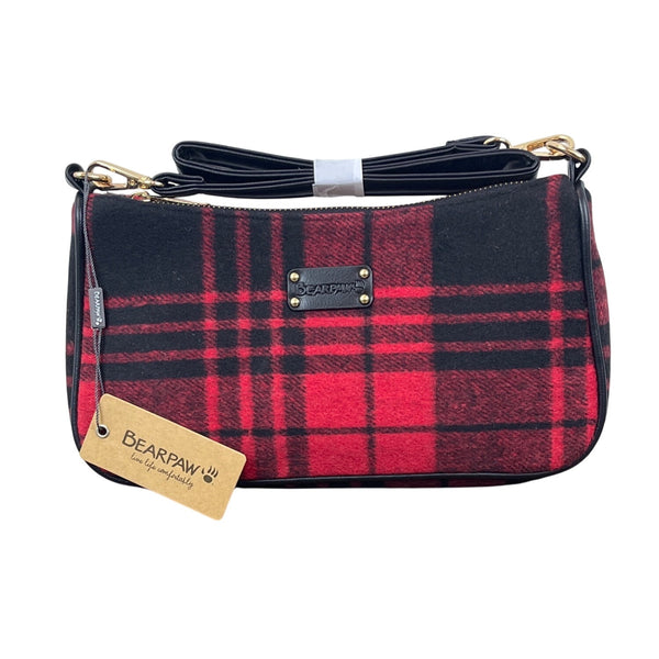 Bearpaw Red Multi Plaid Black Leather Accents Shoulder Evening Clutch Sz M - New
