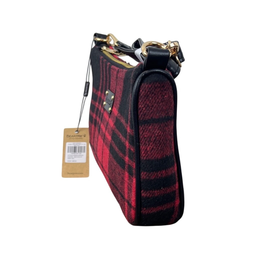 Bearpaw Red Multi Plaid Black Leather Accents Shoulder Evening Clutch Sz M - New
