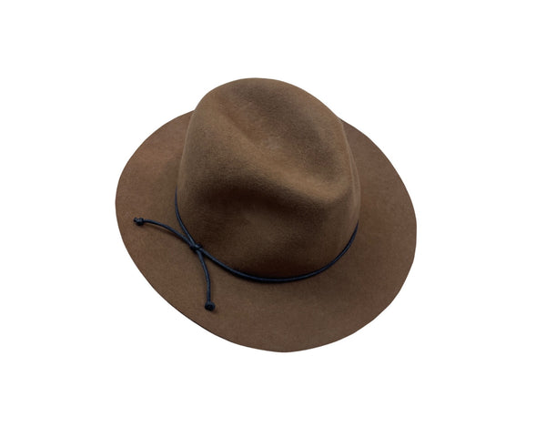 Brown Wool Unisex Fedora Hat With Black Brim & Cord Band One Size