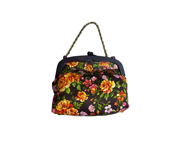 Vintage Floral Print Brown Fabric Purse With Chain Strap & Kiss Lock Closure