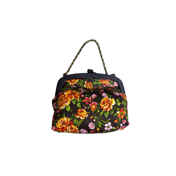 Vintage Floral Print Brown Fabric Purse With Chain Strap & Kiss Lock Closure