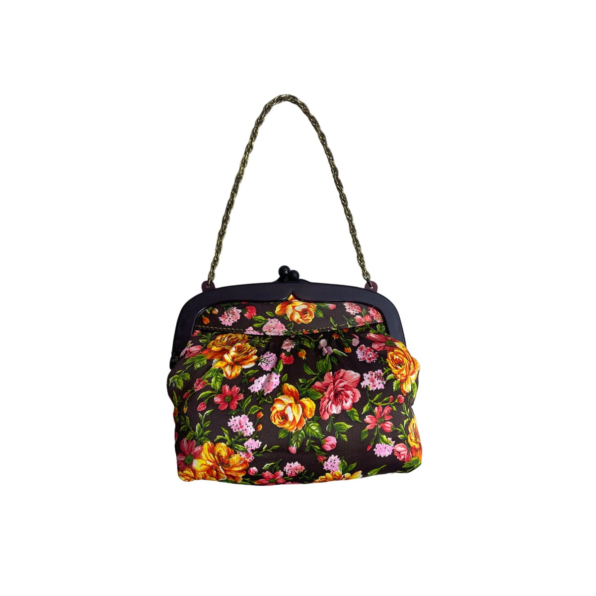 Vintage Floral Print Brown Fabric Purse With Chain Strap & Kiss Lock Closure