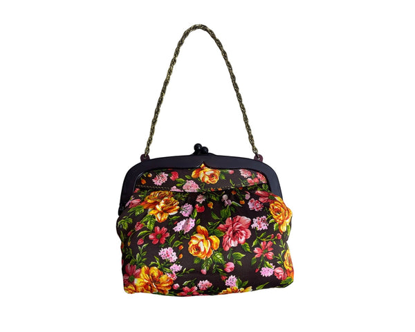 Vintage Floral Print Brown Fabric Purse With Chain Strap & Kiss Lock Closure