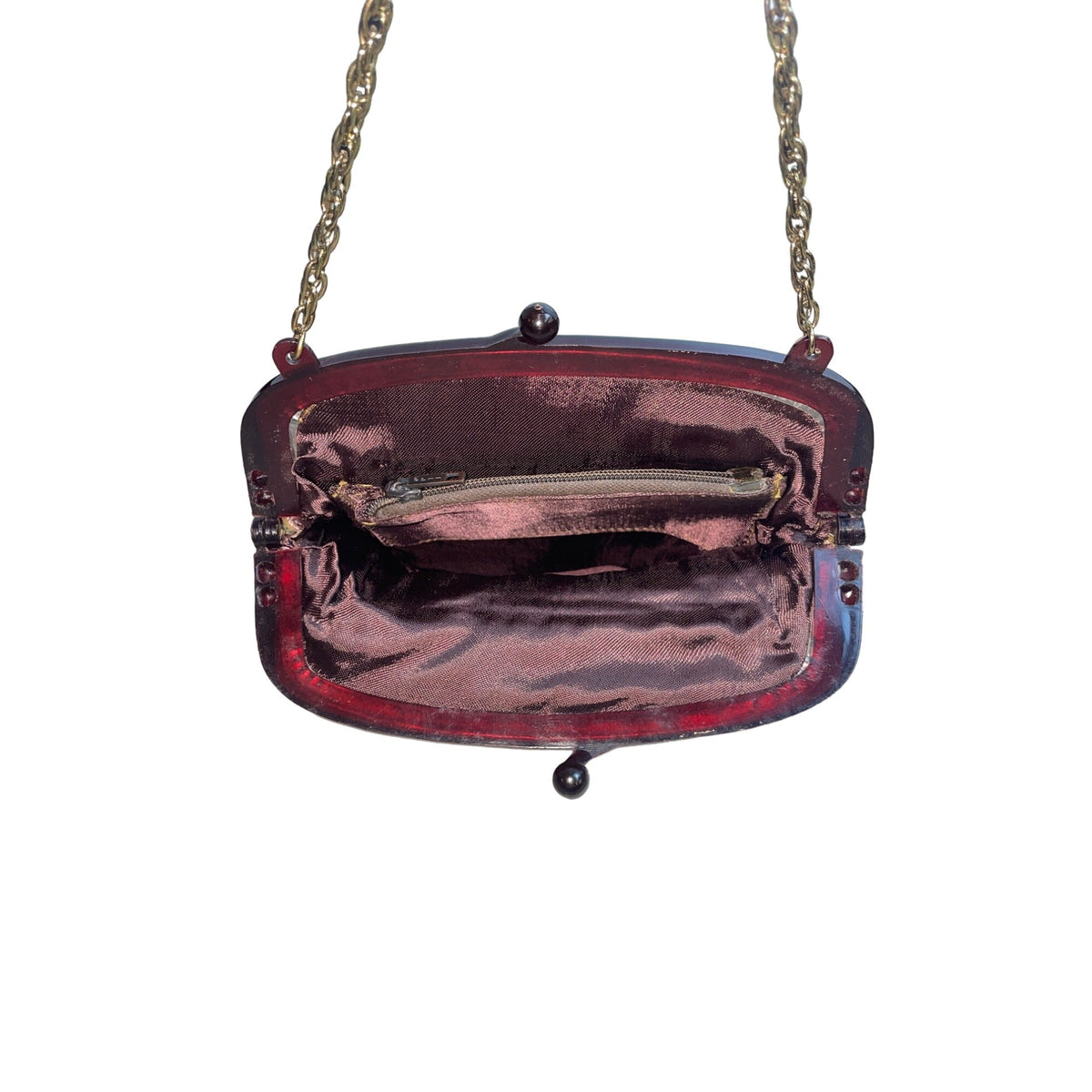 Vintage Floral Print Brown Fabric Purse With Chain Strap & Kiss Lock Closure