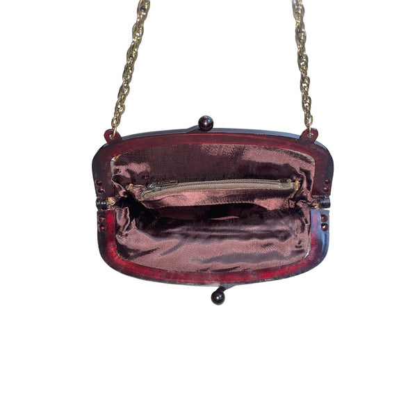 Vintage Floral Print Brown Fabric Purse With Chain Strap & Kiss Lock Closure