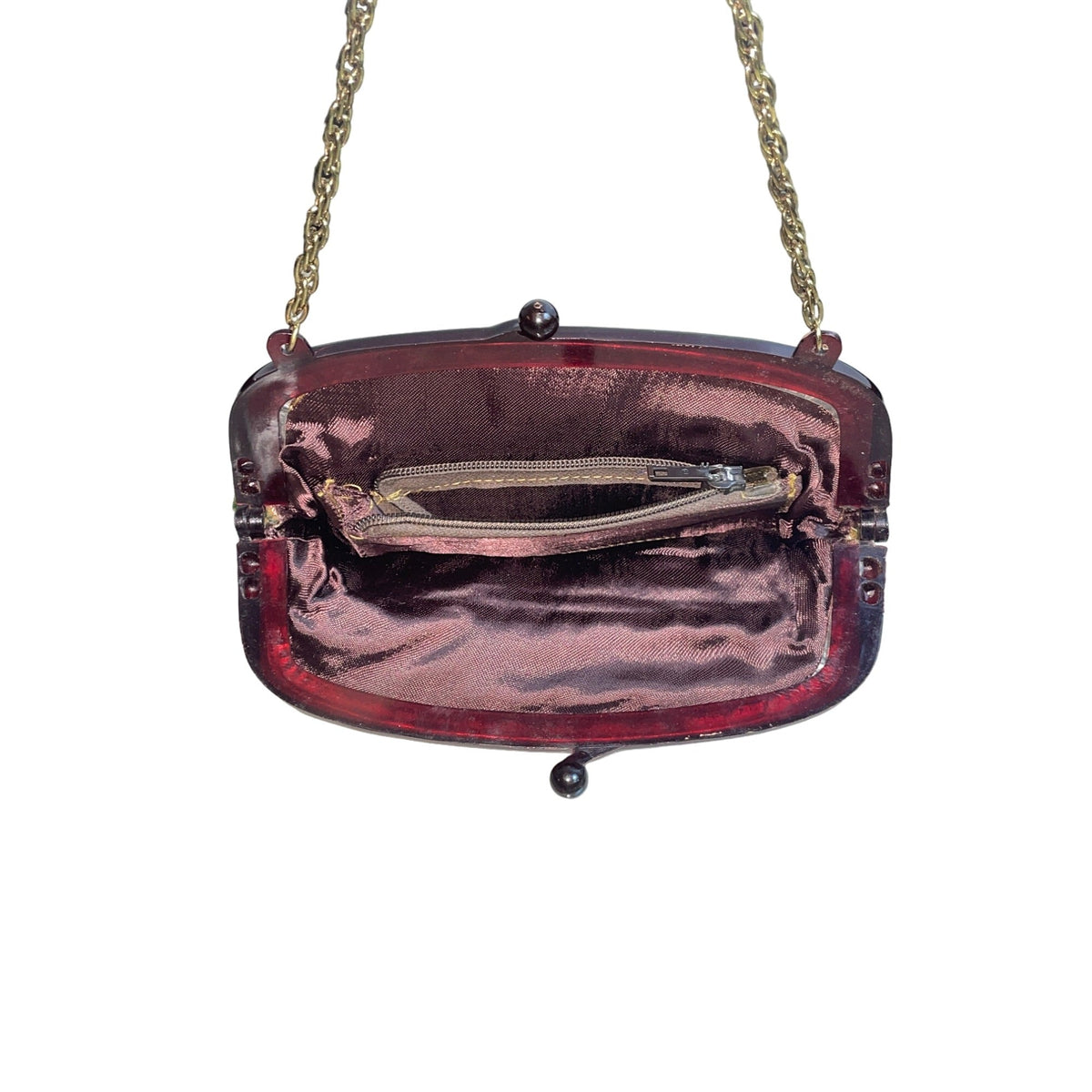 Vintage Floral Print Brown Fabric Purse With Chain Strap & Kiss Lock Closure