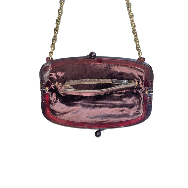 Vintage Floral Print Brown Fabric Purse With Chain Strap & Kiss Lock Closure