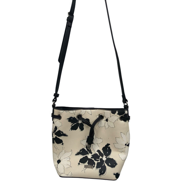 Chaps Womens Black & White Synthetic Floral Bucket Bag Adjustable Strap Medium