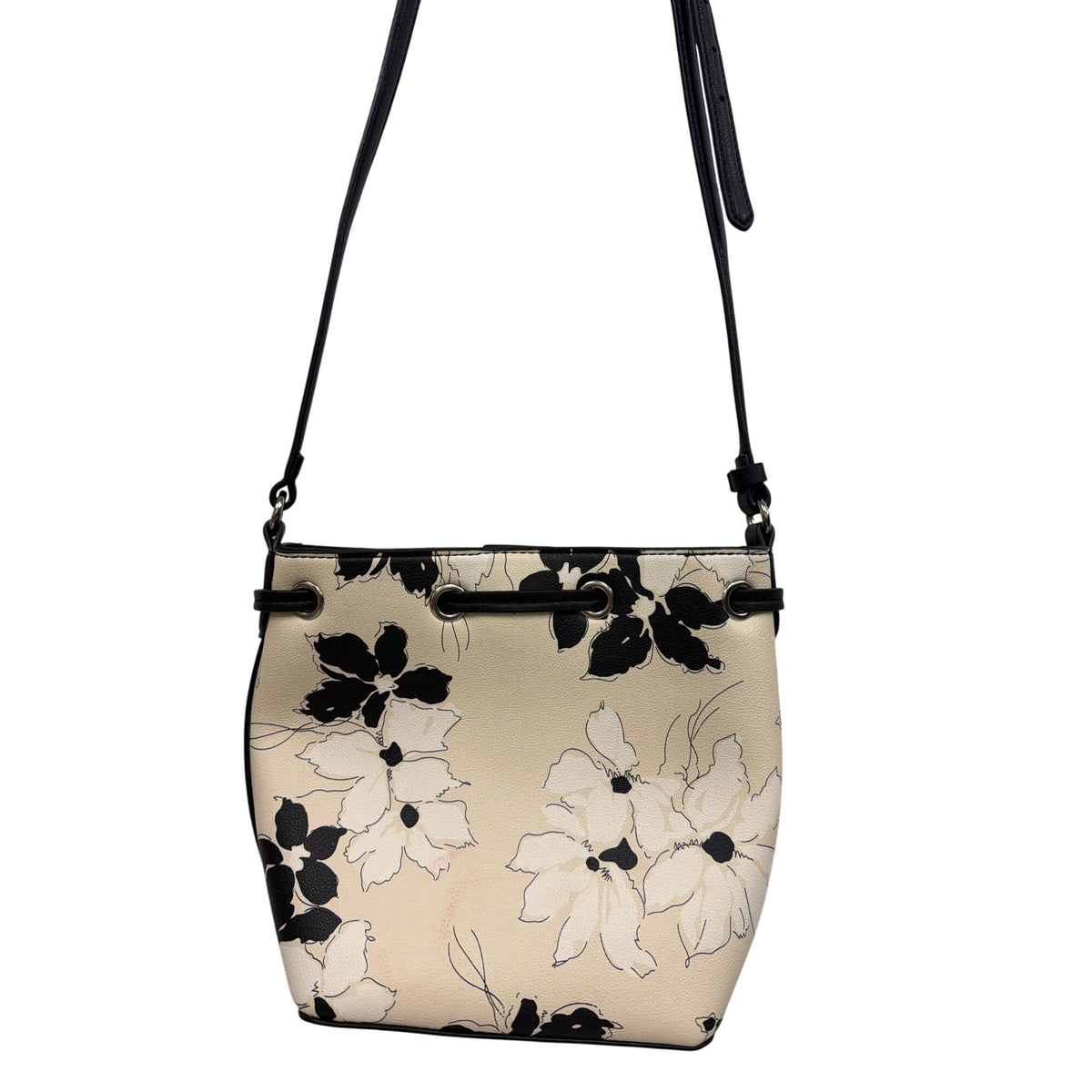 Chaps Womens Black & White Synthetic Floral Bucket Bag Adjustable Strap Medium