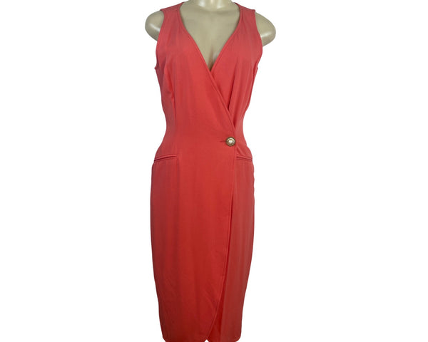 Kenar Women's Orange Sleeveless Wrap Midi Dress With Pearl Button Sz 6