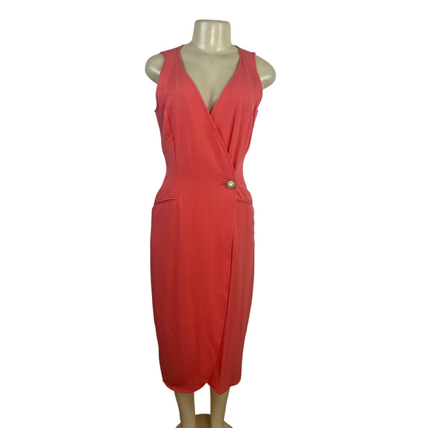 Kenar Women's Orange Sleeveless Wrap Midi Dress With Pearl Button Sz 6