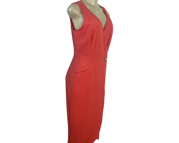 Kenar Women's Orange Sleeveless Wrap Midi Dress With Pearl Button Sz 6